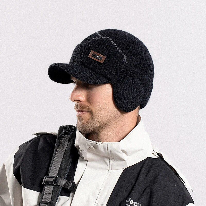 Bonnet à visière Cortina avec cache-oreilles en laine acrylique chaude et doublure polaire douce - coloris noir