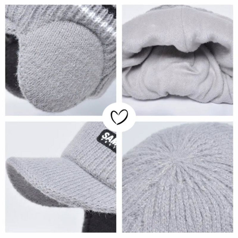 Quatre photo agrandies représentant différente parties d'un bonnet Oslo gris clair à visière, cache-oreilles ronds, doublure douce en peluche, visière incurvée et remarquable finition du haut du bonnet - Laine chaude de qualité en acrylique
