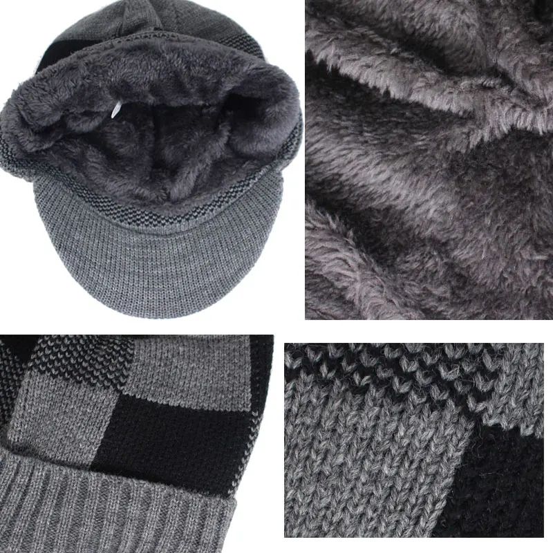 Bonnet visière casquette en laine acrylique avec doublure chaude et douce en peluche - couleur gris