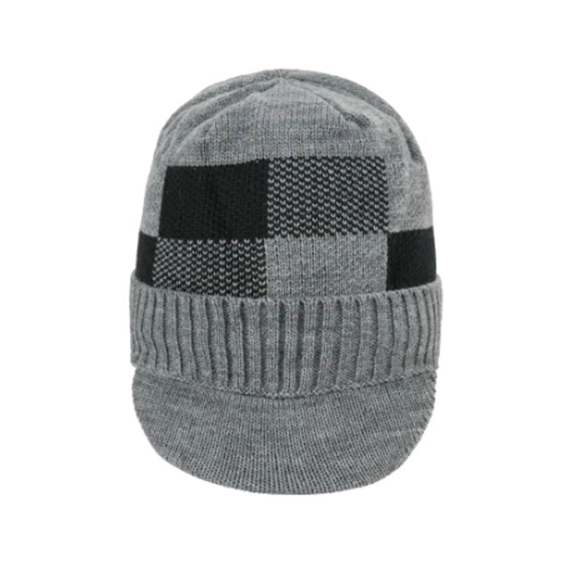 Vue de face d'un bonnet Nagano - casquette visière à carreaux en laine acrylique - coloris gris et noir