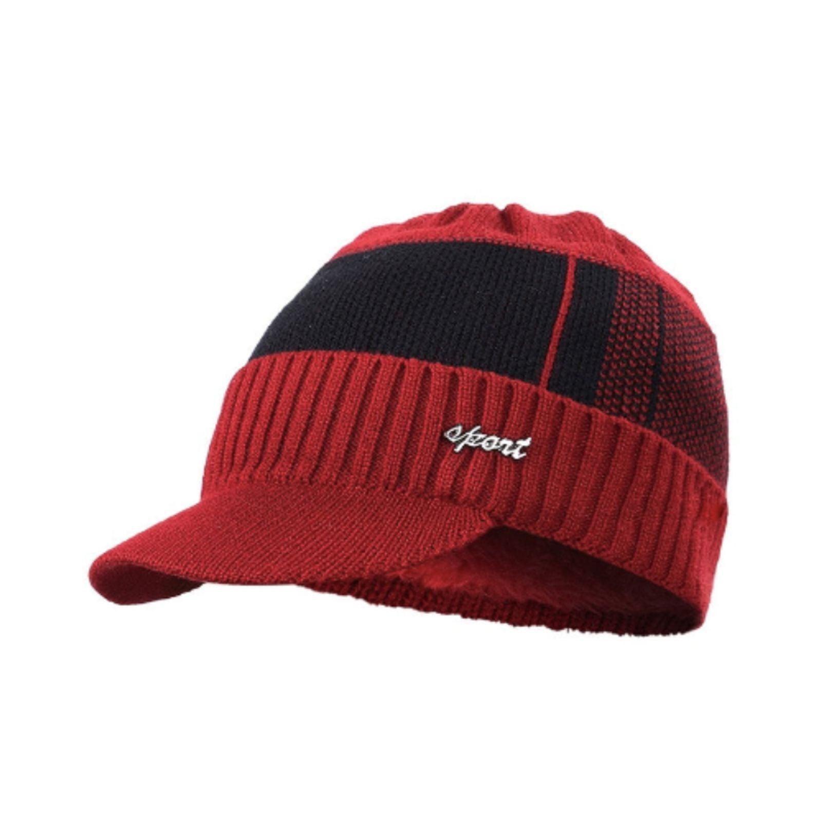 Bonnet visière sport Atlanta en mélange de laine, coton et doublure chaude en polyester pour homme - coloris rouge et noir