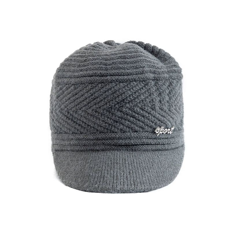 Vue de face du bonnet visière Helsinki - casquette chaude en laine acrylique douce grise - motif chevron - homme