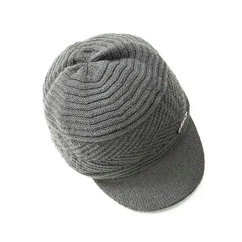 Vue de haut du bonnet visière Helsinki - casquette chaude en laine acrylique douce grise - motif cible et chevron - homme