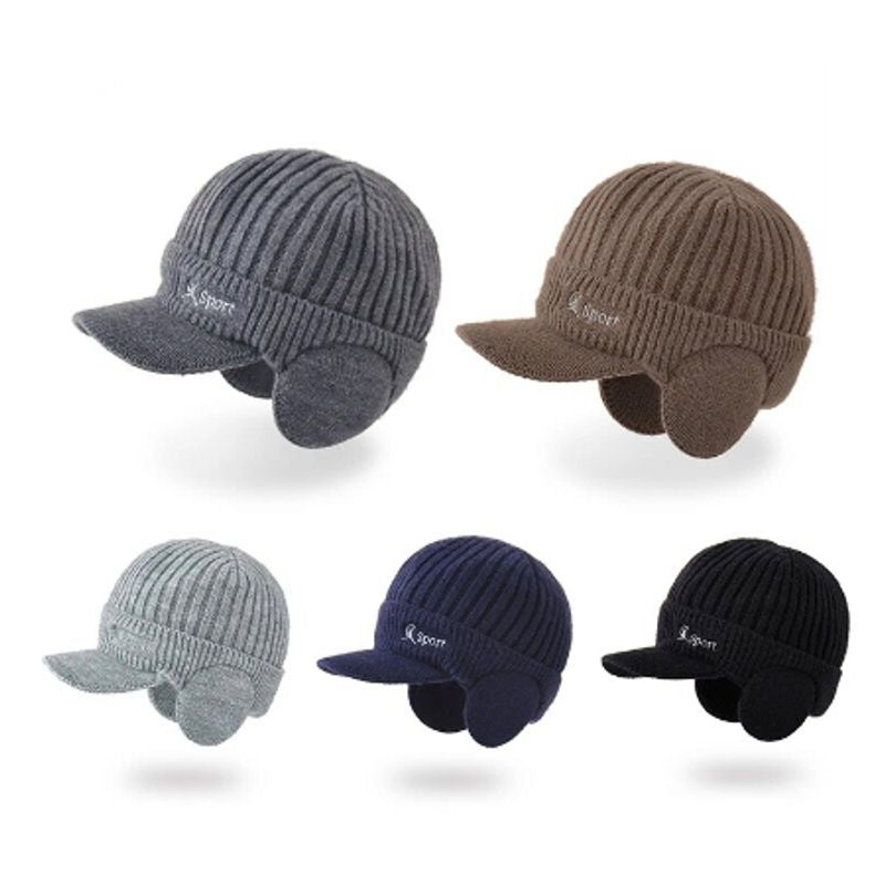 Bonnets à visière de sport Lake Placid avec cache-oreilles en laine acrylique - cinq coloris aux choix, noir, gris foncé, marron, bleu marine et gris clair
