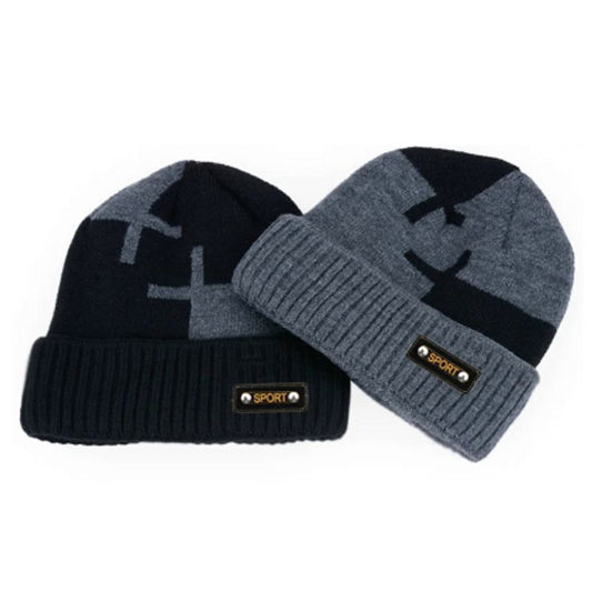 Vue à plat de deux bonnet sport Innsbruck en laine acrylique et coton avec doublure peluche en polyester - coloris noir et gris