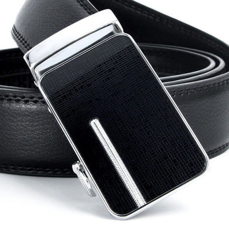 Boucle rectangulaire en métal noir et argenté à verrouillage automatique pour ceinture à crémaillère - sangle cuir de coloris noir - homme
