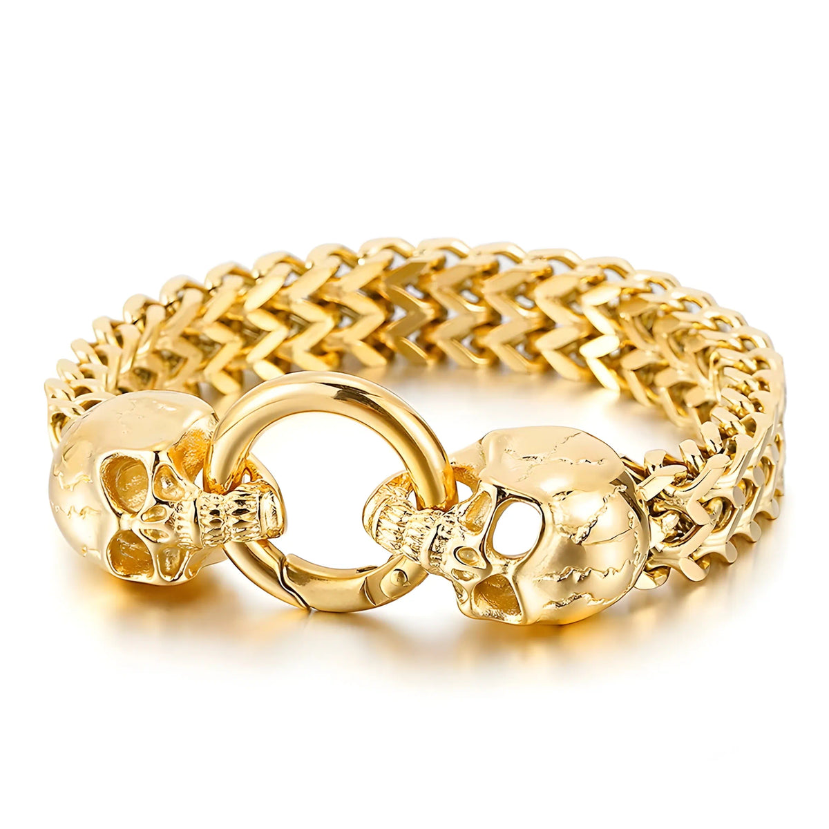 Bracelet homme en acier doré avec têtes de mort et maille double renard Calavera.