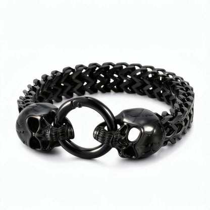 Bracelet homme en acier noir avec têtes de mort et maille double renard Calavera.