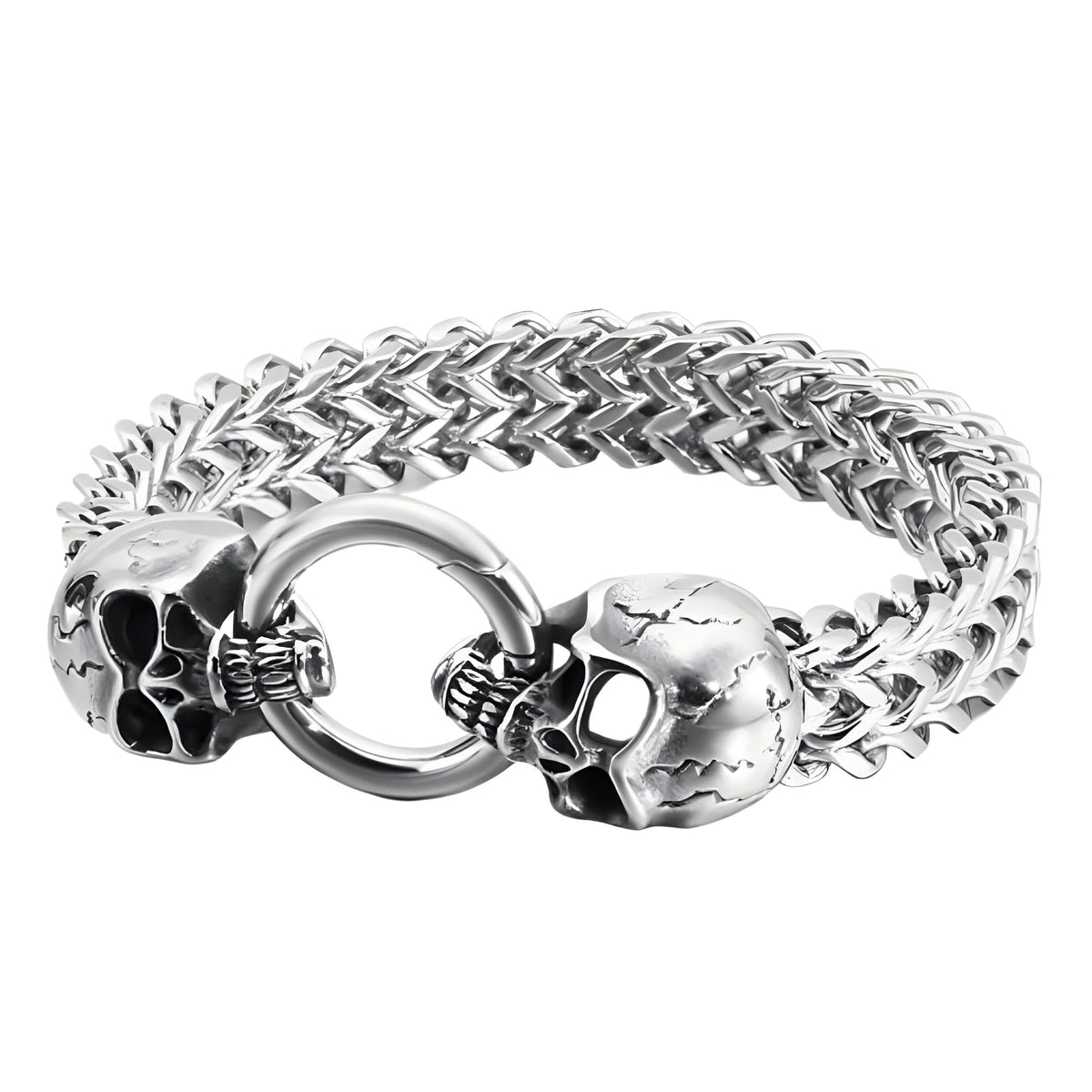 Bracelet homme en acier inoxydable en maille double renard avec têtes de mort et fermoir mousqueton Calavera.