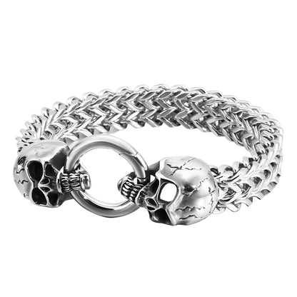 Bracelet homme en acier inoxydable en maille double renard avec têtes de mort et fermoir mousqueton Calavera.