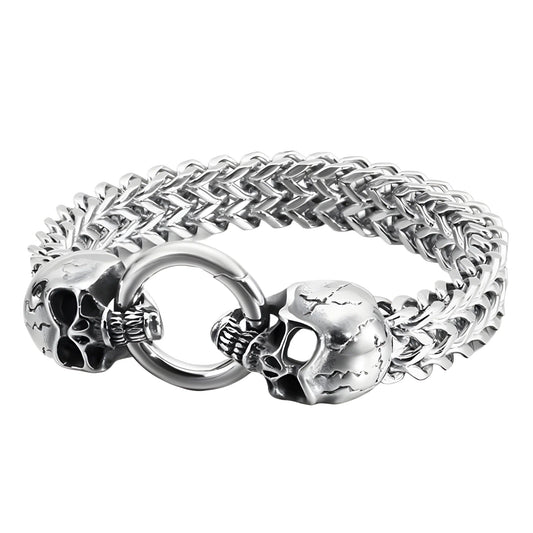 Bracelet homme en acier inoxydable en maille double renard avec têtes de mort et fermoir mousqueton Calavera.