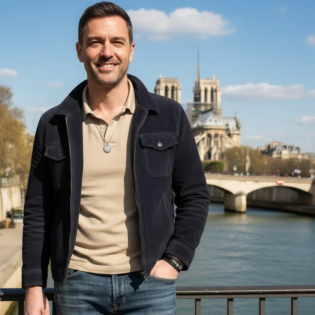 Élégance urbaine. Le bracelet Aegis cuir noir texturé rehausse un style décontracté chic, affirmant une présence forte devant Notre-Dame.