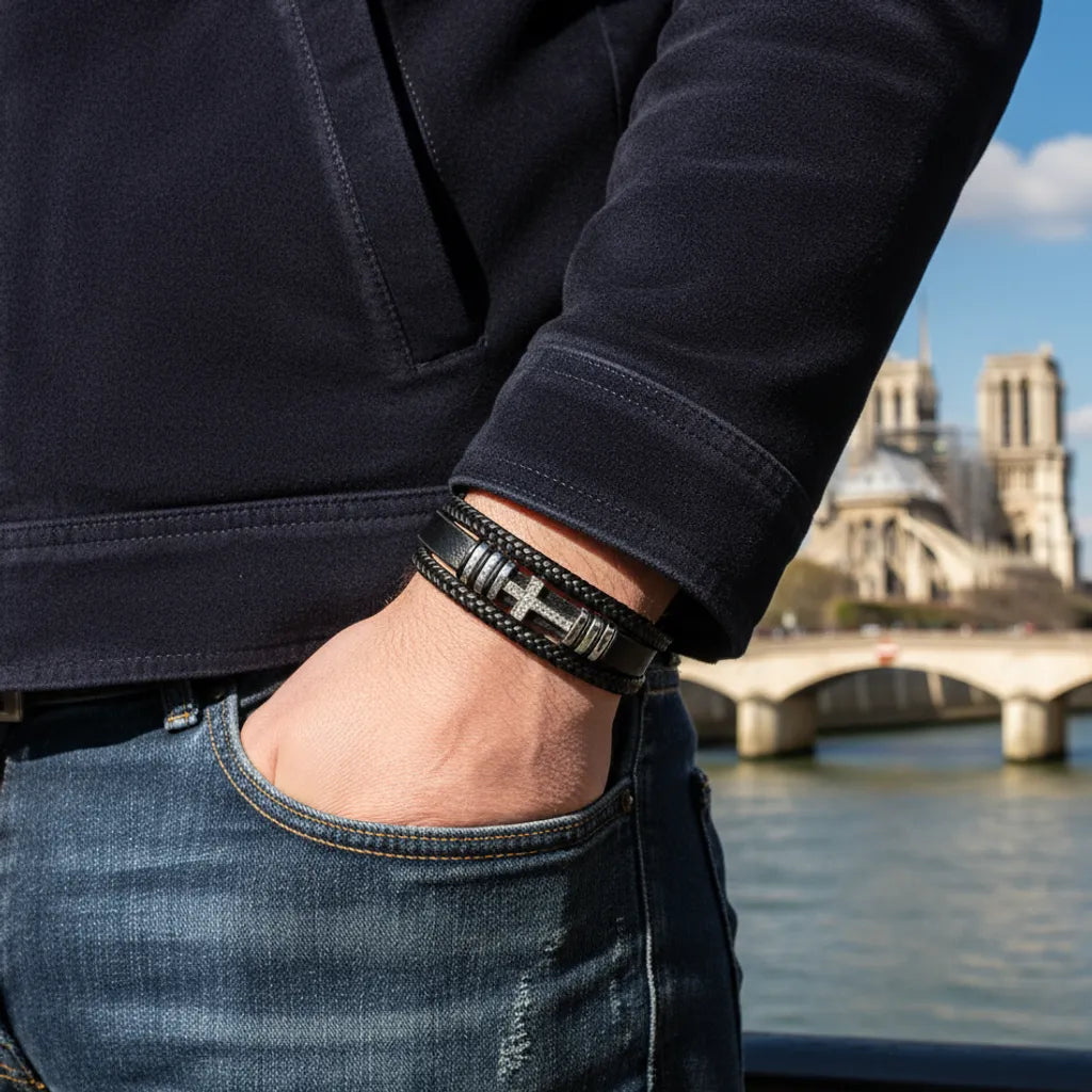 Gros plan. Le bracelet Aegis cuir noir multi-rangs avec Croix Latine au poignet d'un homme. Un symbole de protection ancre son style face à la Seine.