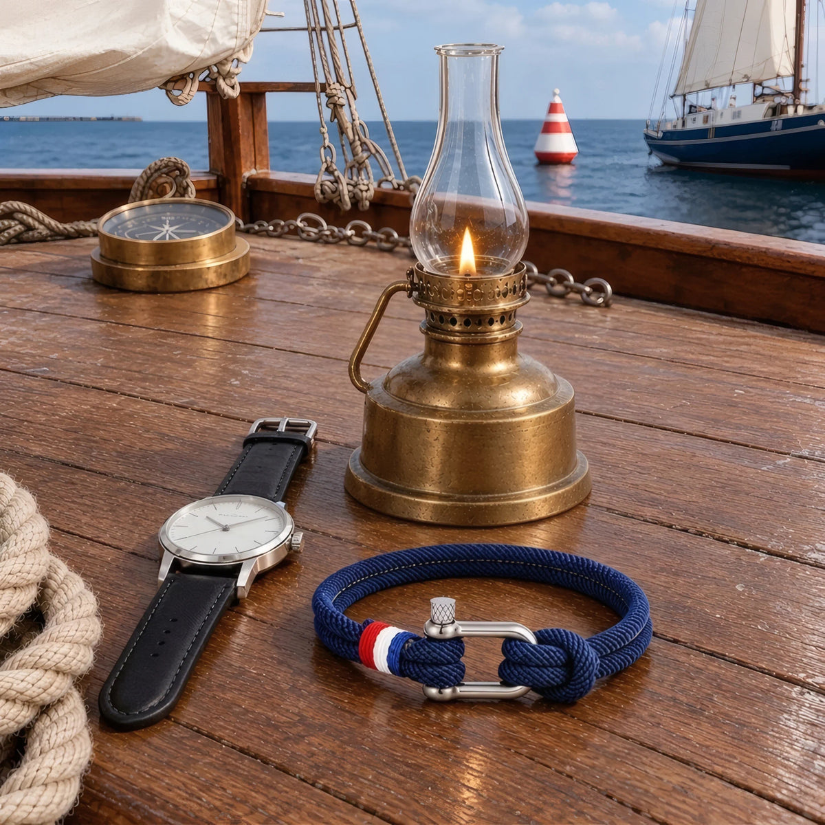 Bracelet Altra bleu marine posé sur la table en bois d'un bateau de tradition.