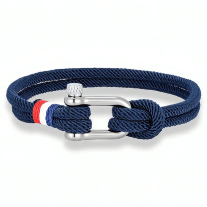 Bracelet Altra en cordon nylon bleu marine double rang fermoir manille acier inoxydable largeur 8 mm.
