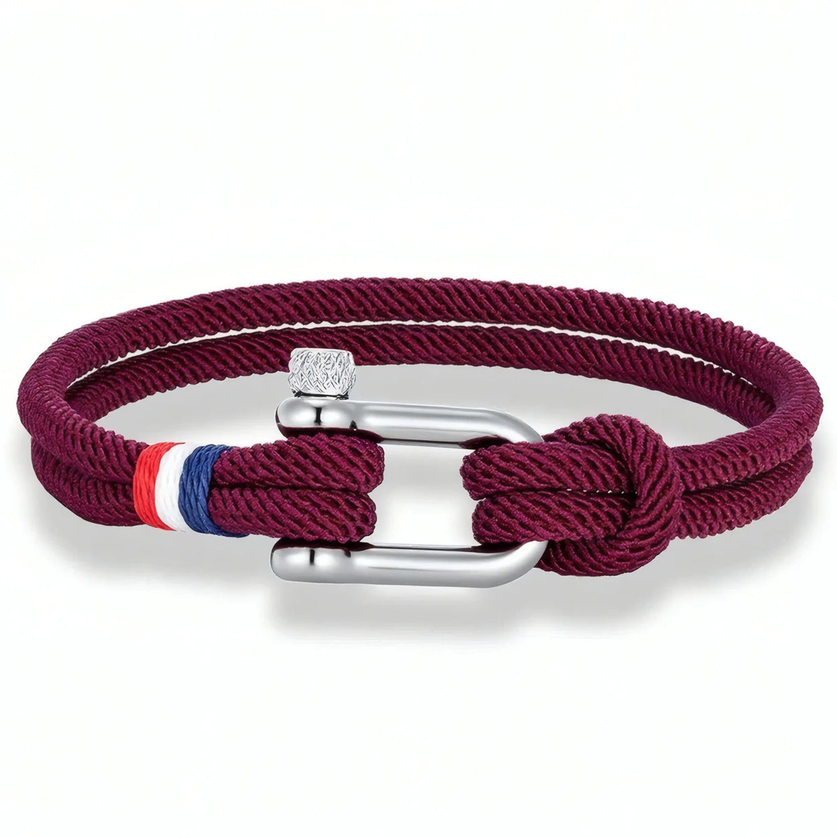 Bracelet Altra version bordeaux contrasté par une surliure tricolore vive et sa manille métallique.