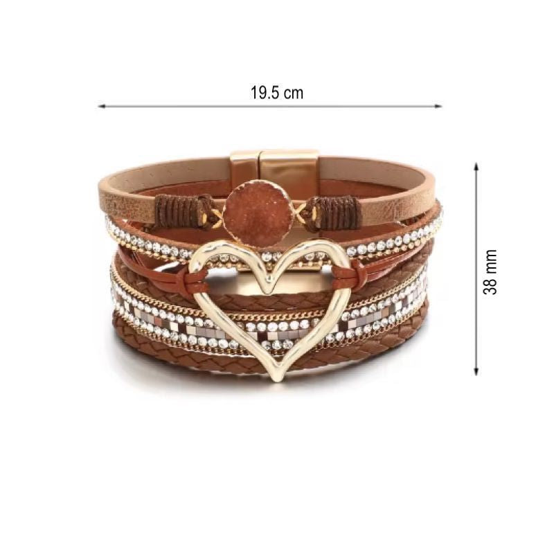 Bracelet fantaisie bohème Amour de Cœur, wrap pour femme multilanières en cuir PU - fermoir magnétique - coloris marron