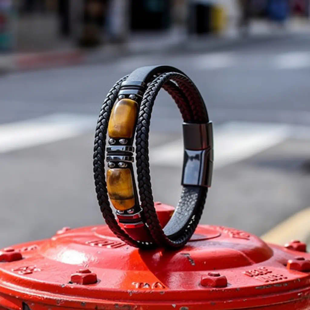 Le bracelet Apex se dresse avec aplomb sur une borne d'incendie rouge vif, mettant en exergue le profil de ses lanières tressées et l'éclat de son fermoir magnétique noir dans un décor de rue contemporain.