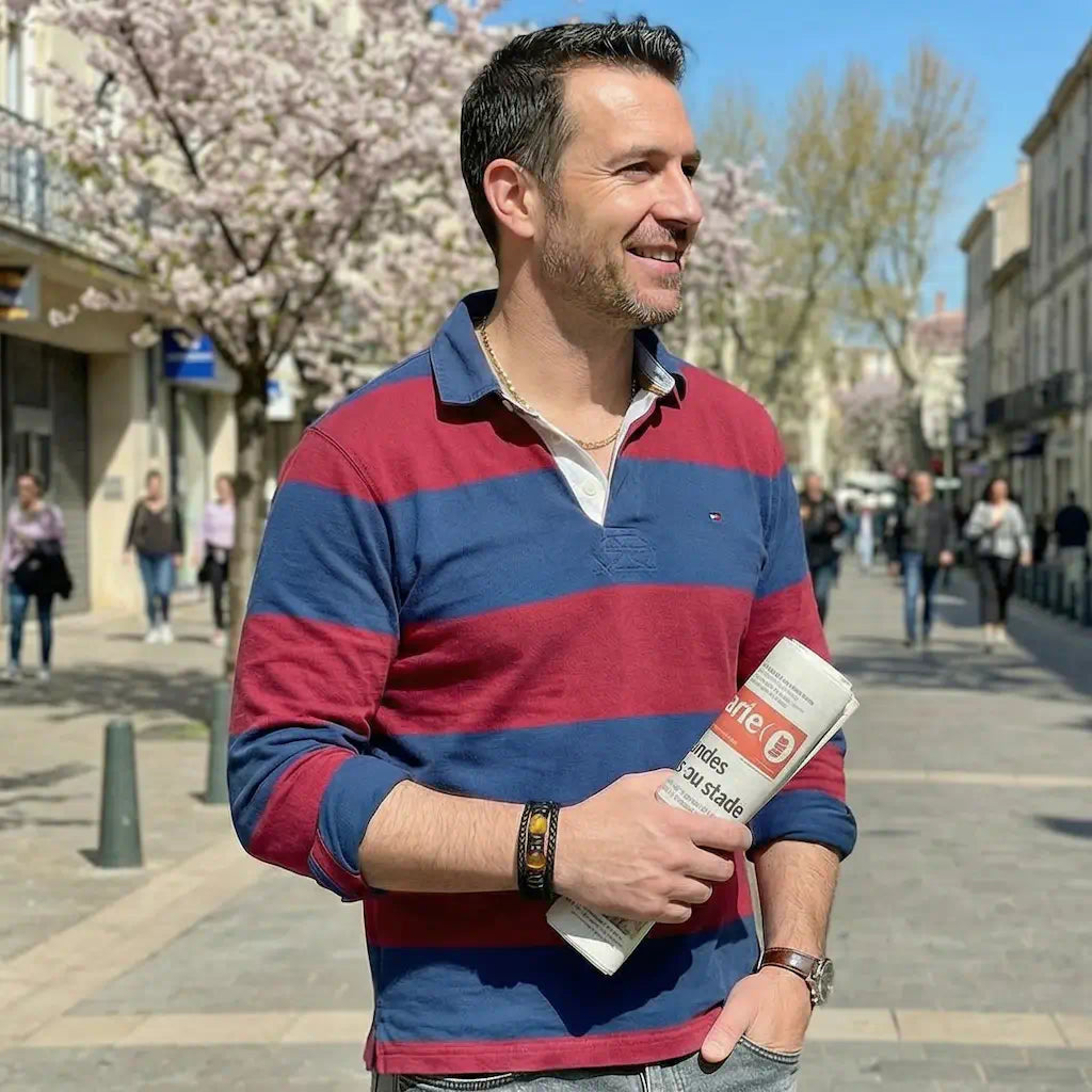 Portrait d'un homme élégant en polo de rugby arborant avec assurance son bracelet multi-rangs Apex, dont les gemmes aux nuances fauves captent l'éclat d'un ciel bleu au cœur d'un environnement urbain dynamique.