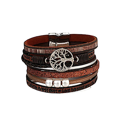 Bracelet arbre de vie multi-rangs en cuir microfibre végan marron avec fermoir magnétique et perles aspect nacre, vue face.