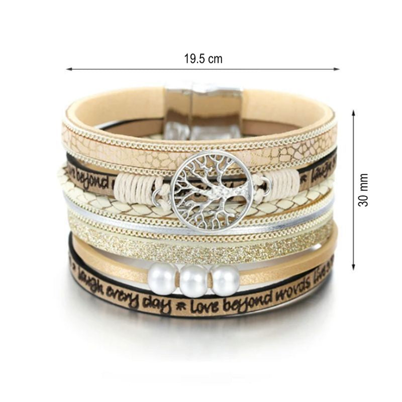 Bracelet fantaisie bohème arbre de vie, wrap pour femme, perles et mantras gravés en anglais sur lanières en cuir PU - fermoir magnétique - coloris beige champagne