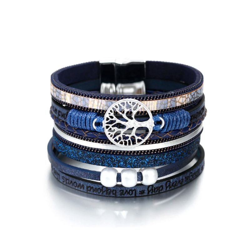 Bracelet arbre de vie avec perles pour femme, wrap bohème en cuir PU de couleur bleu marine.