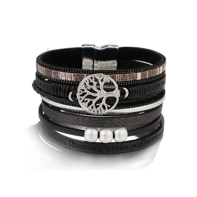 Bracelet arbre de vie avec perles pour femme, wrap bohème en cuir PU de couleur noir.