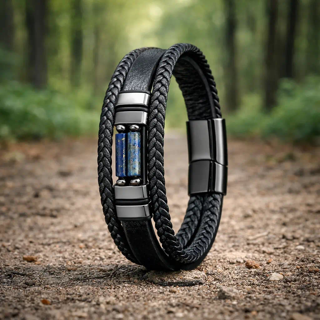 Le bracelet multi-rangs Azimut se dresse fièrement sur un sentier forestier, exposant son profil architectural et le contraste saisissant entre le bleu outremer des pierres et l'ombre du cuir tressé.