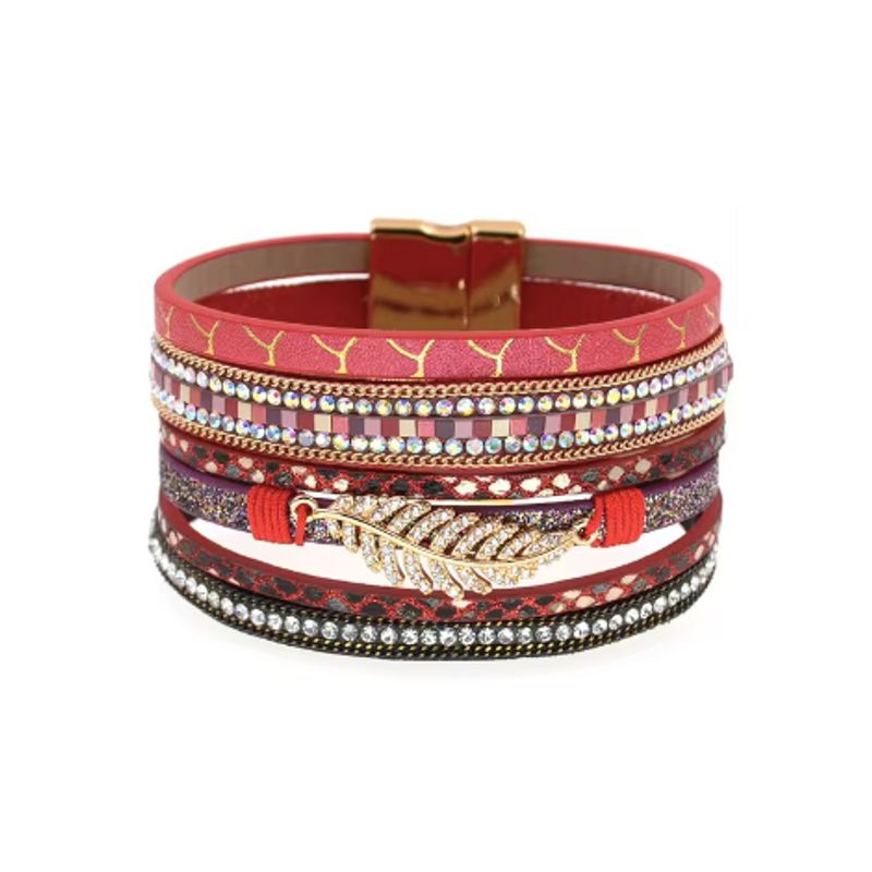 Bracelet feuille de fougère bohème, wrap pour femme avec strass en cristal, lanières imprimées en cuir PU de qualité – coloris rouge.