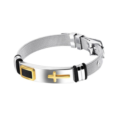 Bracelet boucle ardillon avec croix latine - sangle à maille milanaise en acier inoxydable coloris argent et or 