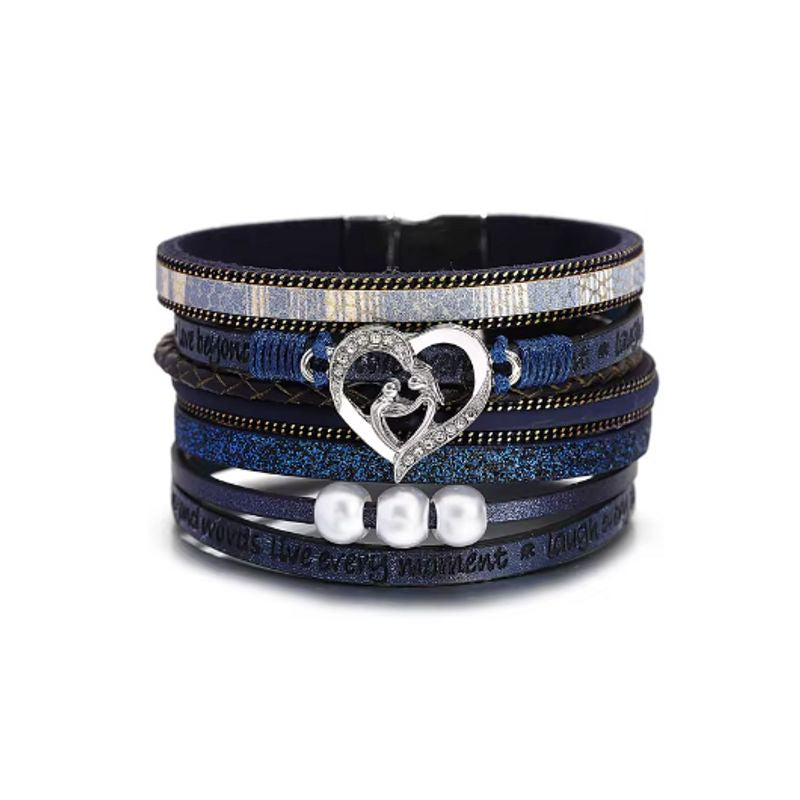 Bracelet cœur bohème avec mantras et perles pour femme, wrap multilanière en cuir PU de couleur bleu marine.