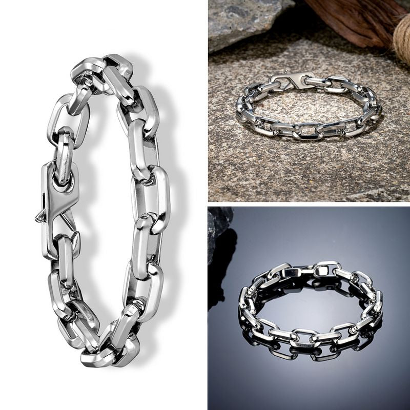 Vue sur trois prises du bracelet avec chaîne à gros maillons  en acier inoxydable - catégorie chaine d'ancre - fermoir lobster robuste sécurisé - couleur de l'acier, argent