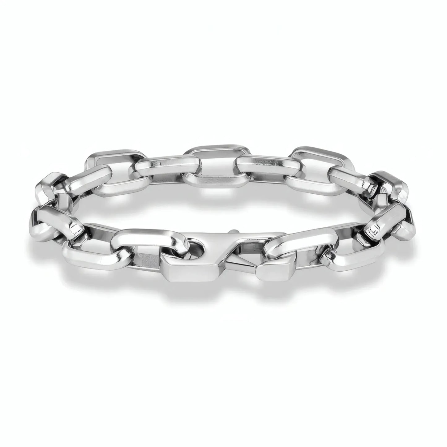 Bracelet chaîne d'ancre à maillons rectangulaires avec fermoir lobster en acier inoxydable argenté.