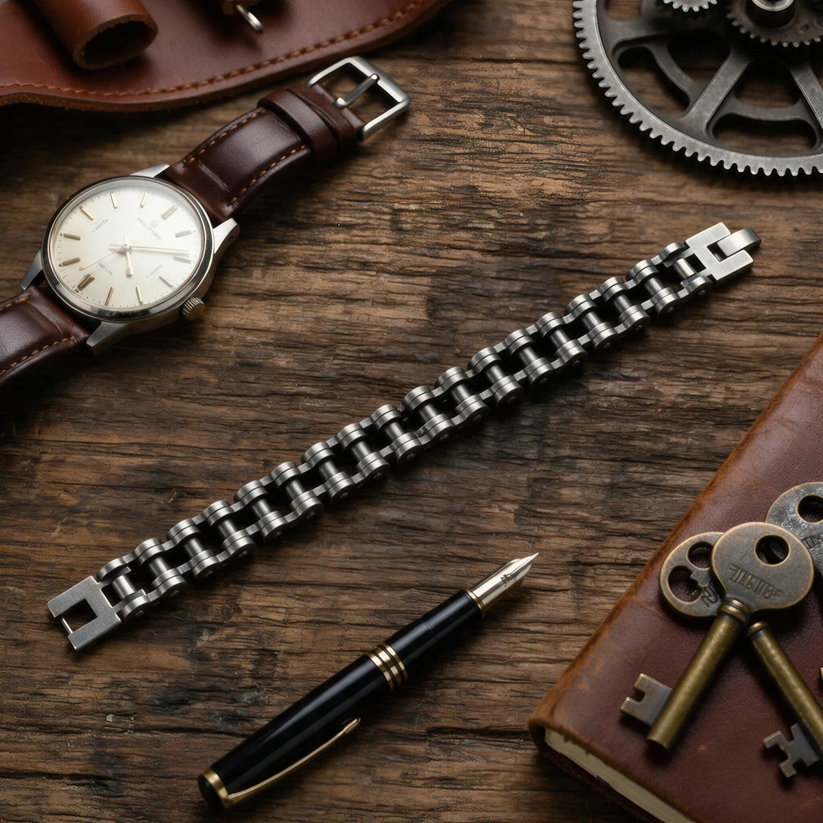 Bracelet chaîne moto en acier rétro Kardan posé sur bois sombre à côté d'une montre et clés.