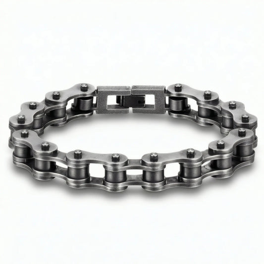 Bracelet maillon chaîne moto Kaelis en acier rétro présenté à plat sur fond blanc neutre.