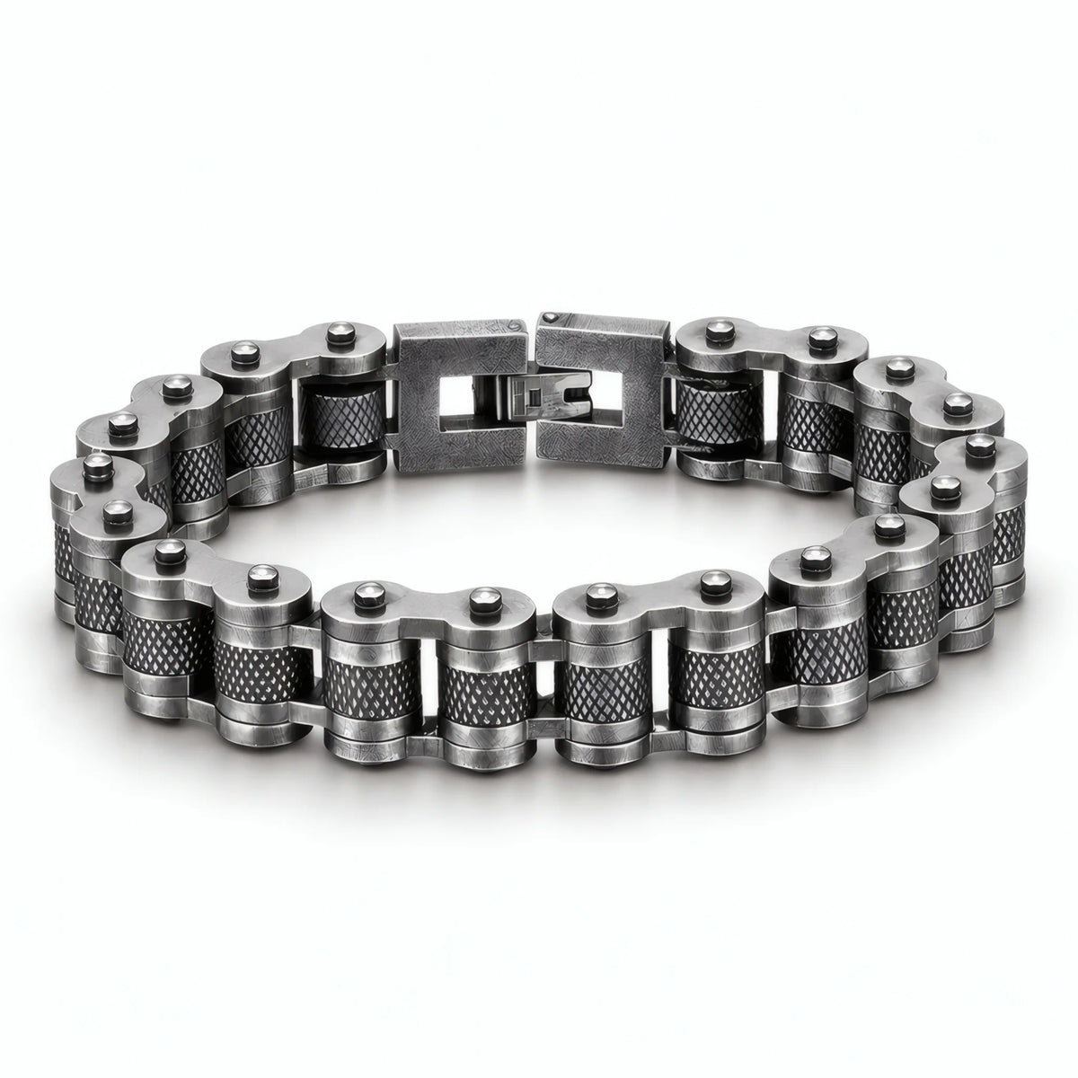 Bracelet Kross chaîne moto acier rétro maillons moletés fermoir clip sécurisé largeur treize millimètres.