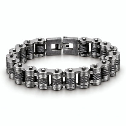 Bracelet Kross chaîne moto acier rétro maillons moletés fermoir clip sécurisé largeur treize millimètres.