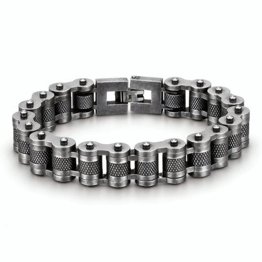 Bracelet Kross chaîne moto acier rétro maillons moletés fermoir clip sécurisé largeur treize millimètres.