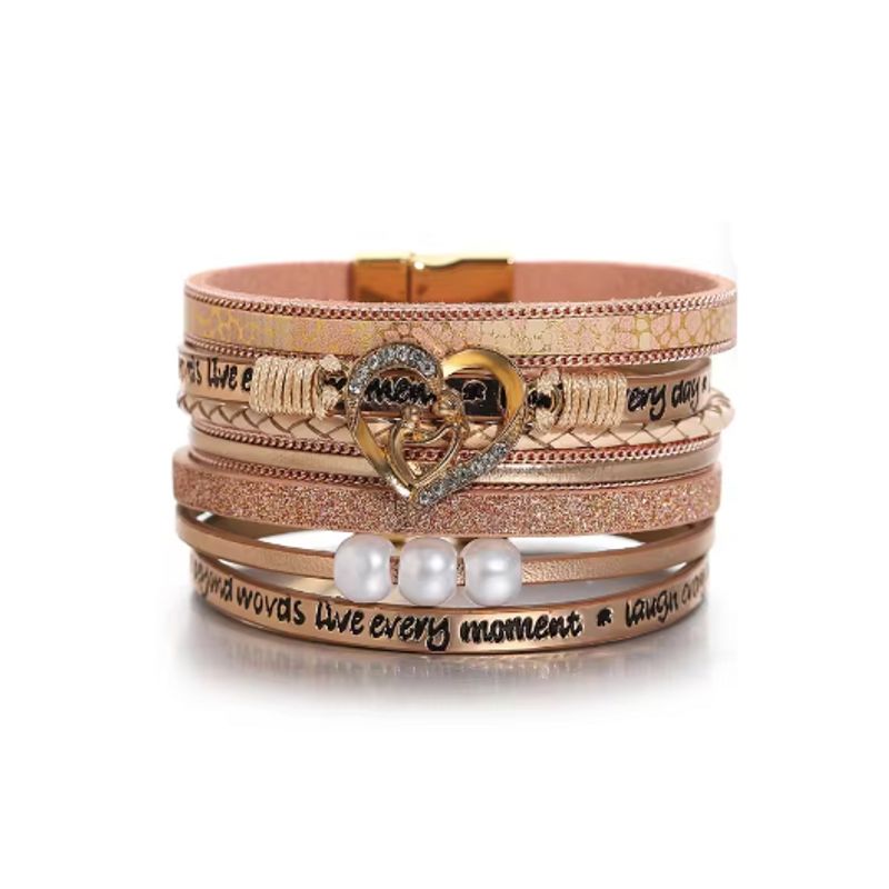 Bracelet cœur bohème avec mantras et perles pour femme, wrap multilanière en cuir PU de couleur or rose.