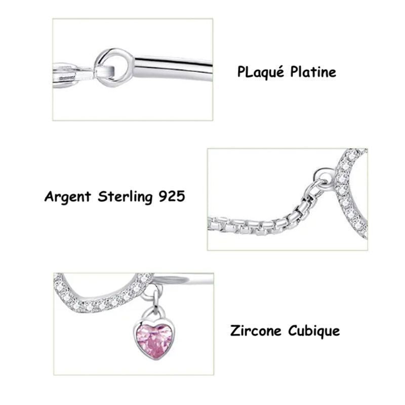 Zoom sur les trois points importants du bracelet cœur mi-jonc mi-chaine pour femme - Argent 925 - Zircone cubique - Plaqué platine