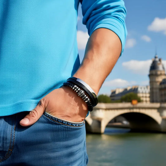 Très gros plan décontracté. Le bracelet Corax multi-rangs cuir noir porté sur un polo bleu ciel. La frise gothique et l'acier captent la lumière, avec la Seine et la Conciergerie en fond.