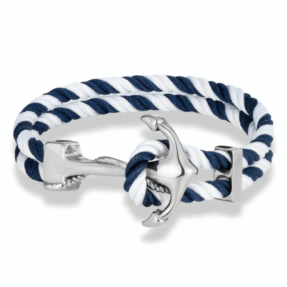 Bracelet cordon rayé bleu et blanc Avel doté de son ancre acier.