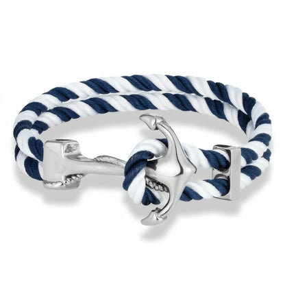 Bracelet cordon rayé bleu et blanc Avel doté de son ancre acier.