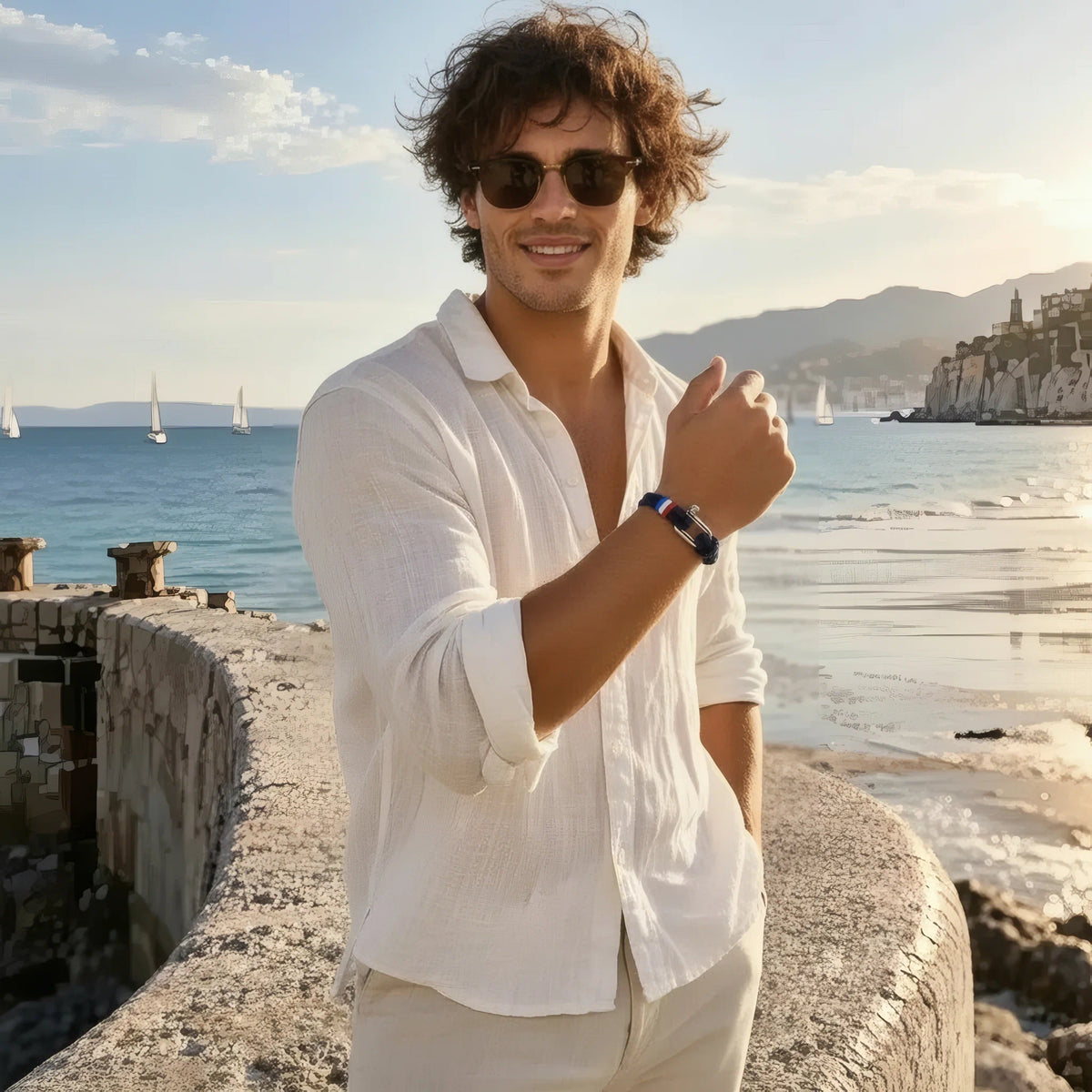 Homme portant le bracelet cordon Altra en bord de mer au soleil couchant, style marin.