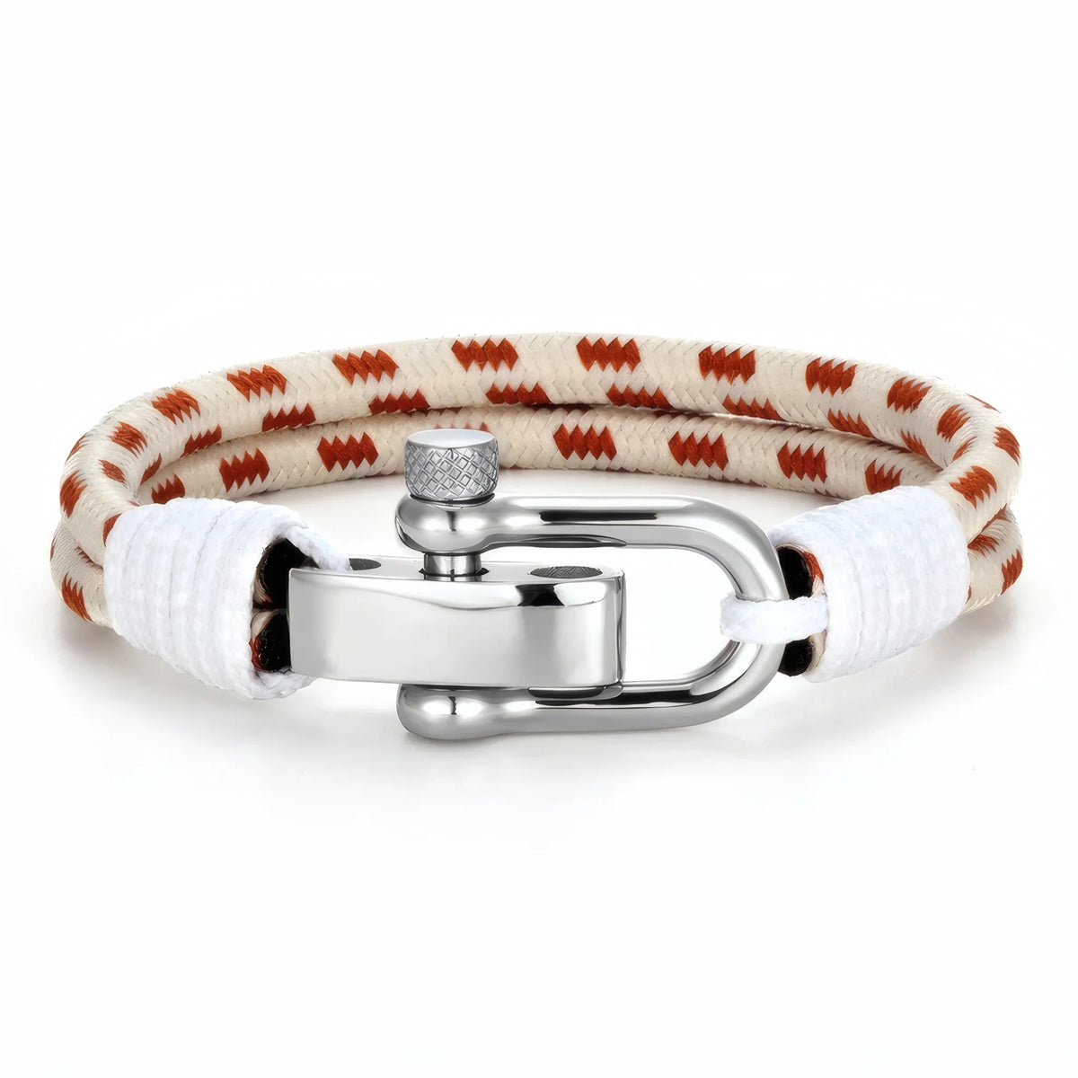 Bracelet cordon beige marron Nautis fermoir manille acier liens finition fil blanc pur.