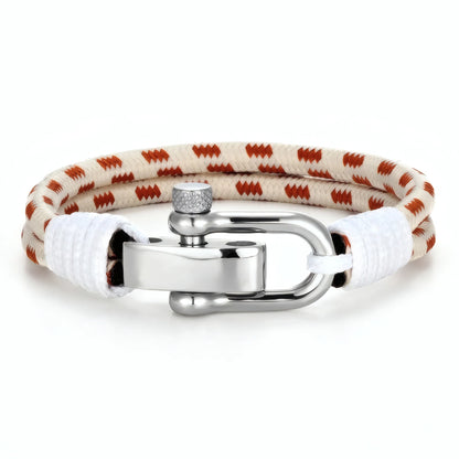 Bracelet cordon beige marron Nautis fermoir manille acier liens finition fil blanc pur.
