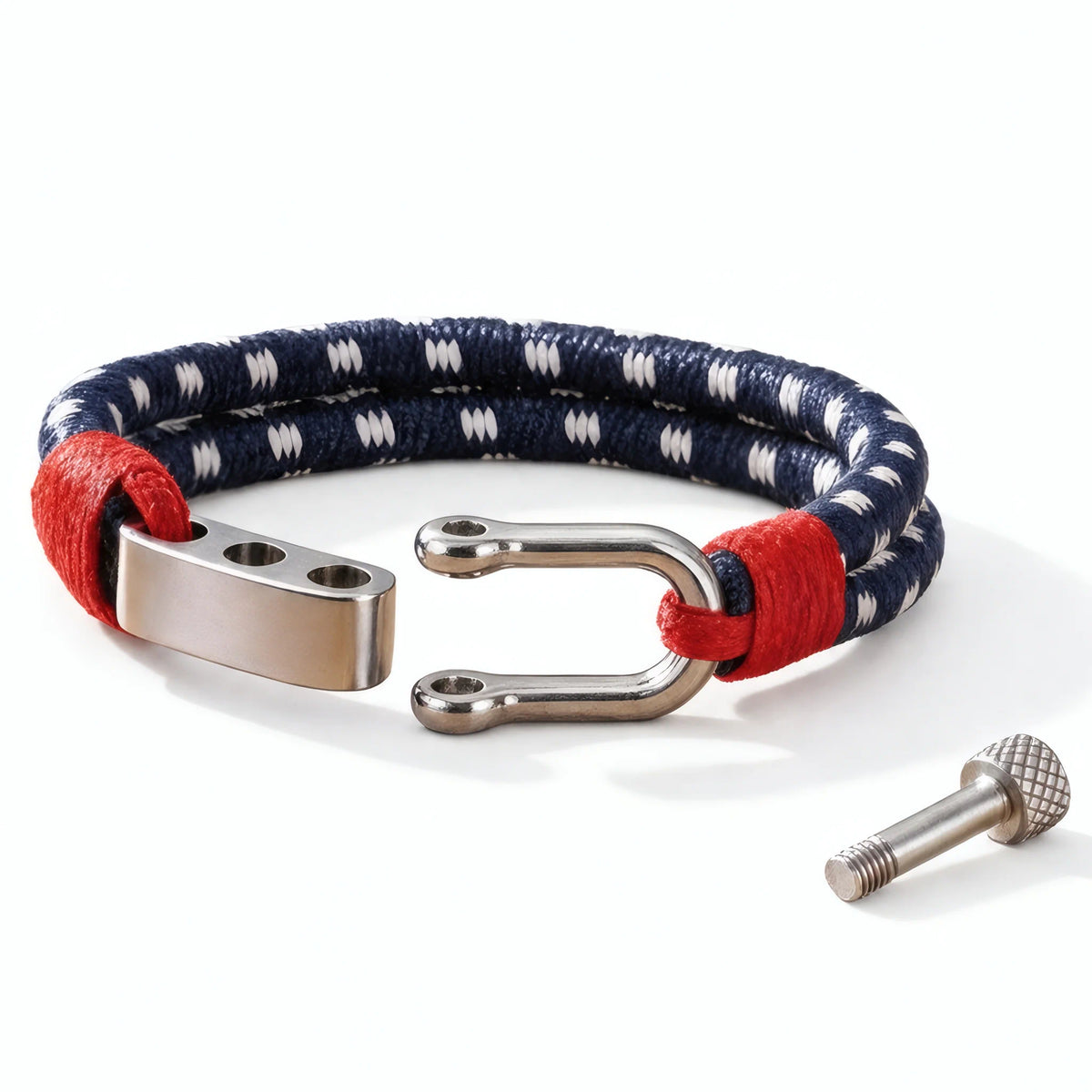 Bracelet cordon Nautis ouvert avec axe fileté fermoir manille acier inoxydable forme U.