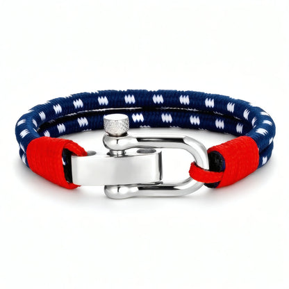 Bracelet cordon bleu marine Nautis fermoir manille acier inoxydable double rang style marin homme.