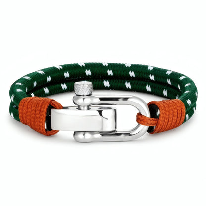 Bracelet cordon vert Hooker Nautis fermoir manille acier liens finition fil ocre orange.