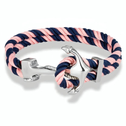 Bracelet cordon pastel rose et bleu Avel complété par son fermoir ancre.